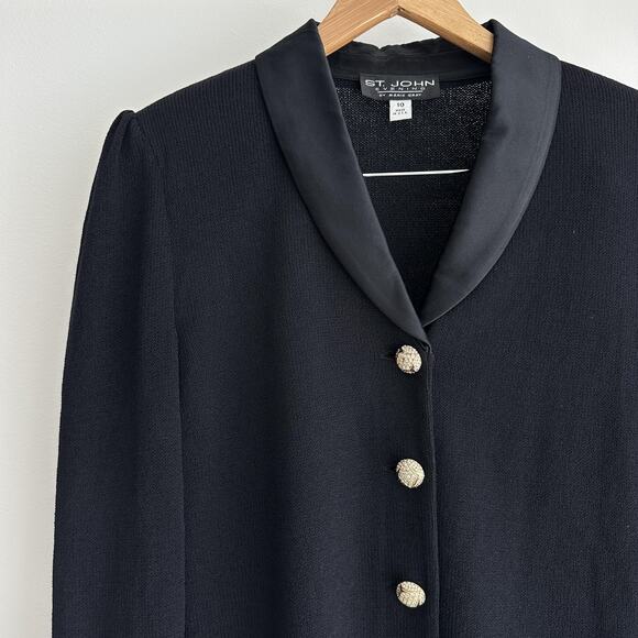 St John Evening Blazer 10 Black Santana Knit Rhinestone Tuxedo Jacket Elegant - Picture 4 of 10